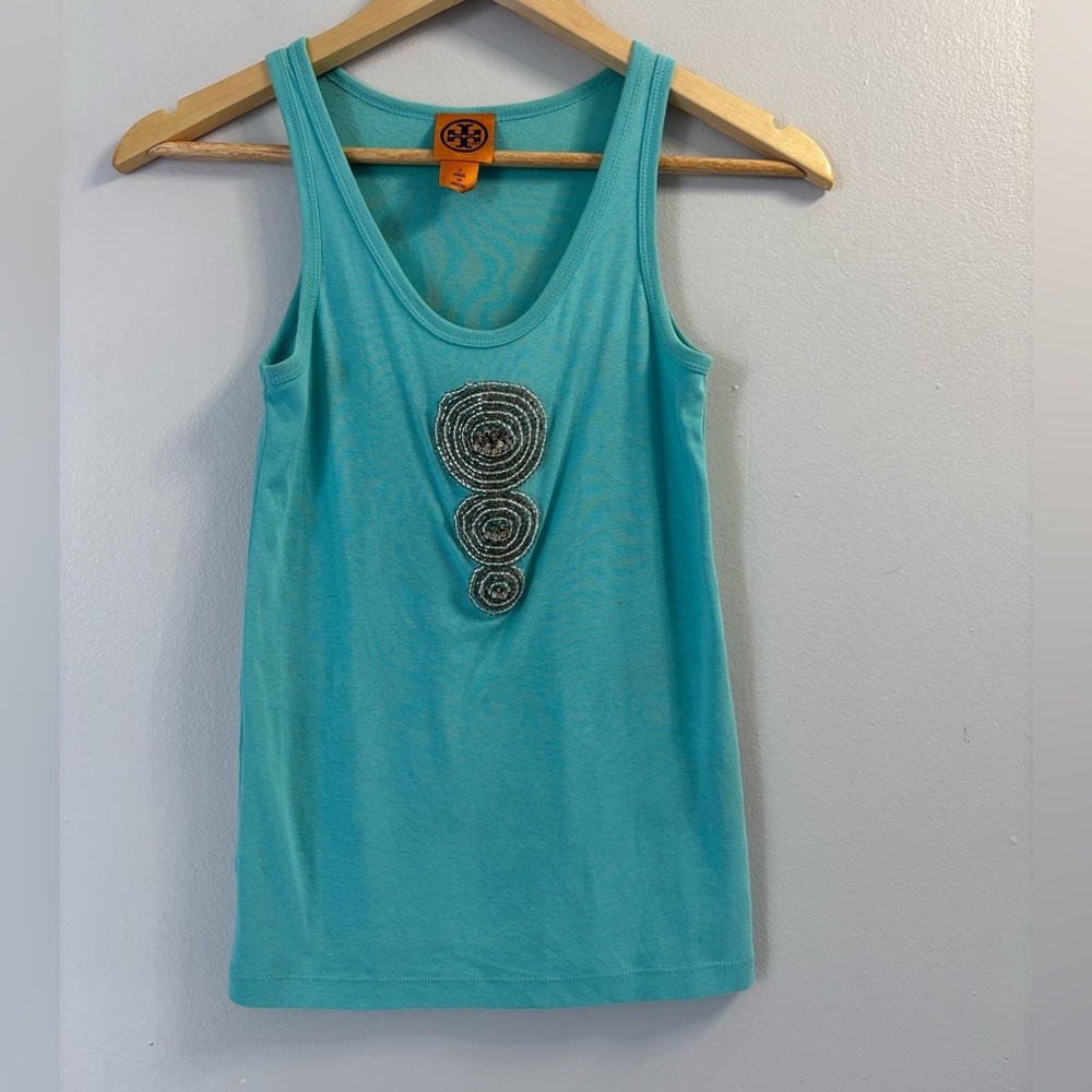 Vintage Tory Burch Women’s Small Blue Beaded Circle Tank Top 100% Cotton